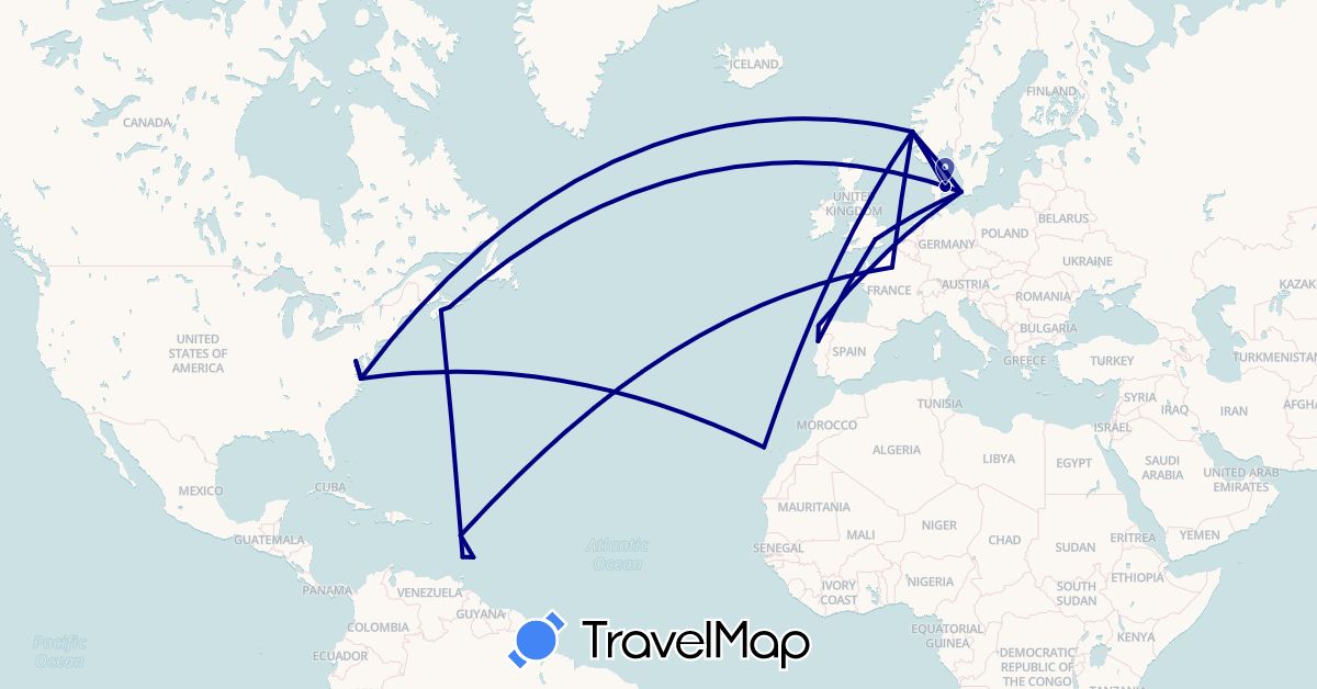 TravelMap itinerary: driving in Barbados, Canada, Denmark, Spain, France, United Kingdom, Norway, Portugal, United States, Saint Vincent and the Grenadines (Europe, North America)